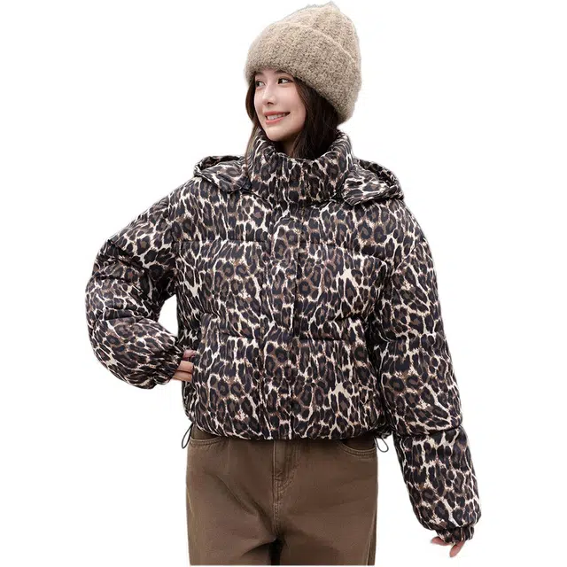 思蓓儿 豹纹女可拆卸帽韩版时尚宽松加厚面包服外套潮棉服 女款