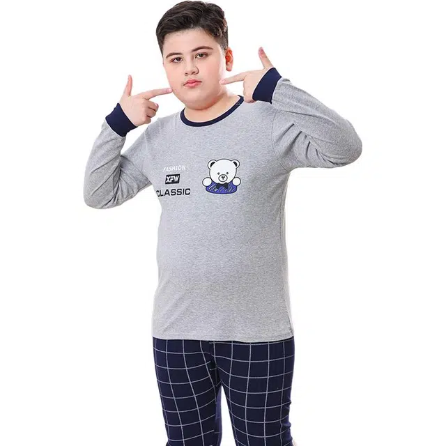 棉基因 纯棉舒适柔软胖童大码特制青少年可爱小熊印花设计保暖套装  男女同款