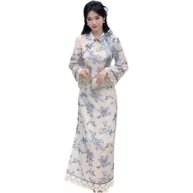 敲模女孩 新中式气质印花温婉甜美蝴蝶结遮肉高雅超仙旗袍裙长袖连衣裙 女款