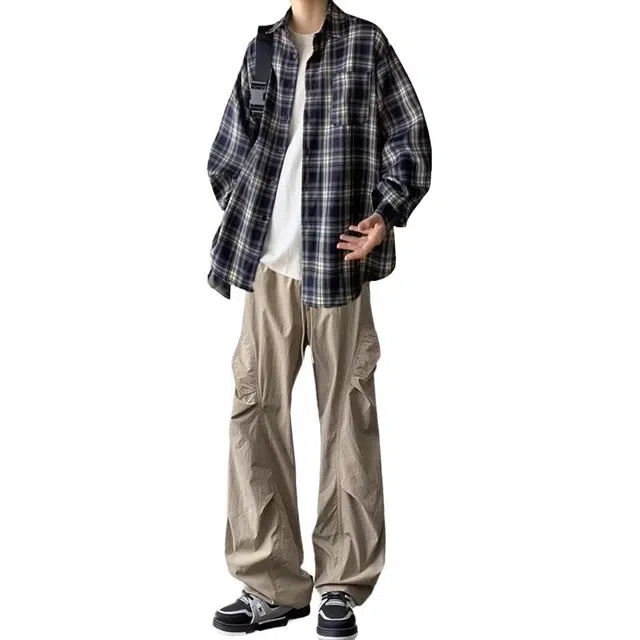 一碗士多 格子衬衫舒适宽松时尚美式复古高街潮牌日常通勤出片百搭单排扣上衣无性别主义垂感口袋中腰系带工装裤休闲运动套装 男女同款