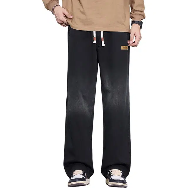 么宁 秋冬季简约百搭舒适透气宽松直筒裤潮流时尚个性抽绳松紧腰户外日常运动休闲裤 男女同款