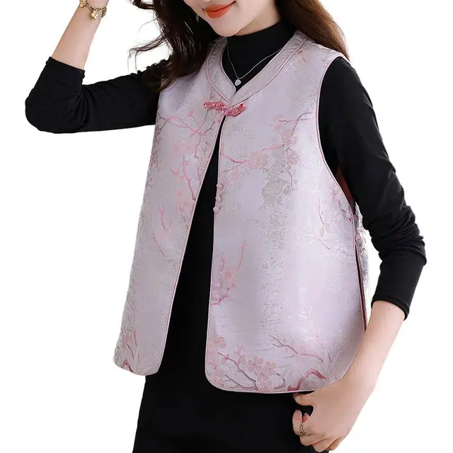 缪斯的诱惑 经典传统东方古韵唐装汉服立领复古上衣优雅气质洋气百搭背心马夹古典开衫外套新中式国风改良小圆领盘扣提花单排扣开叉马甲 女款