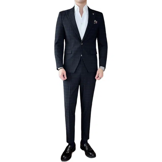 艾梵斯贝 高端轻奢格纹一粒扣戗驳领垂感休闲商务高级感时尚正装韩版修身礼服职业装高品质西装套装 男款