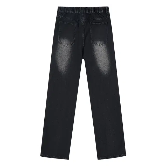 普鲁士多特蒙德 美式宽松高街印花设计重磅百搭复古日常通勤长裤微喇水洗做旧休闲牛仔裤 男女同款