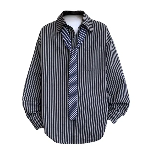 半空山 纯色竖条纹拼接设计学院风少年感韩风松弛慵懒感百搭宽松痞帅显瘦亲肤透气高质感潮流长袖衬衫 男女同款