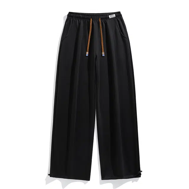 赫赫良衣 美式高街复古纯色系带基础款阔腿长裤子显高显瘦舒适简约宽松百搭垂感学院风高级感潮流时尚经典嘻哈风格休闲裤 男女同款