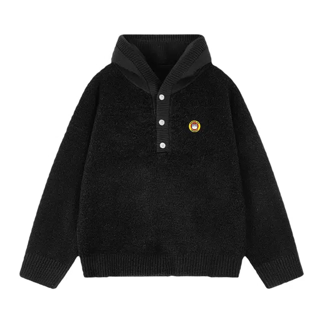 吾皇猫 美式复古高街简约基础款学院风连帽套头纽扣上衣潮流潮牌长袖打底衫休闲宽松时尚百搭痞帅慵懒风秋冬款针织衫 男女同款