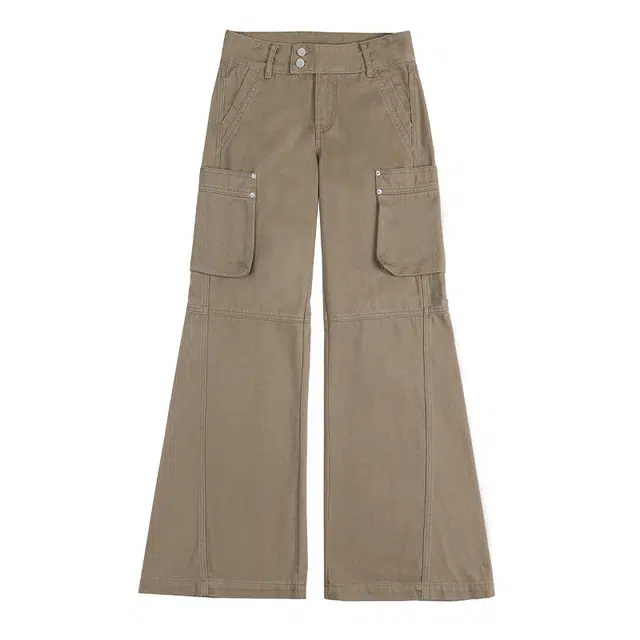 拾籍 复古时尚高腰钉珠双扣多口袋微喇工装裤女早秋百搭舒适宽松休闲阔腿牛仔裤 女款