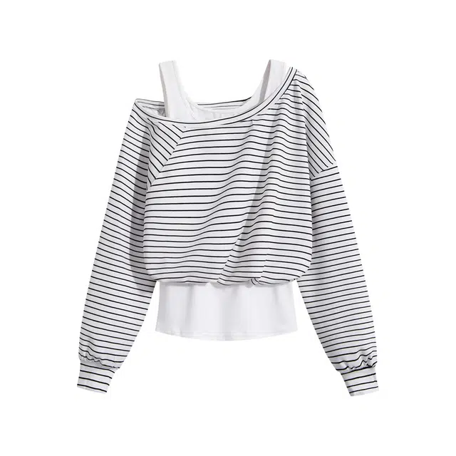 小卷要加油 秋季辣妹风设计感小众纯棉条纹吊带背心露肩长袖假两件上衣女卫衣 女款