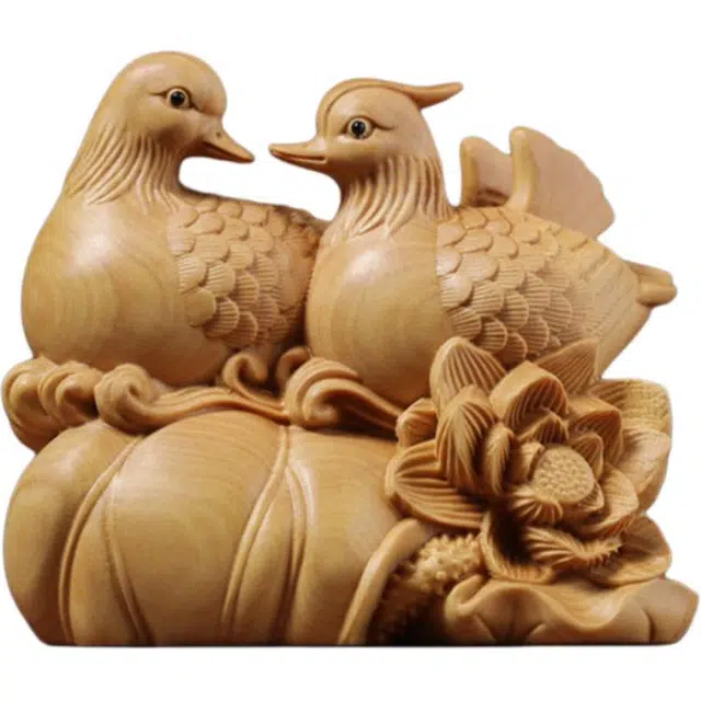 得笙陌 鸳鸯戏水木雕国风工艺品创意新婚纪念品 黄杨木 木作摆件 男女同款情侣款