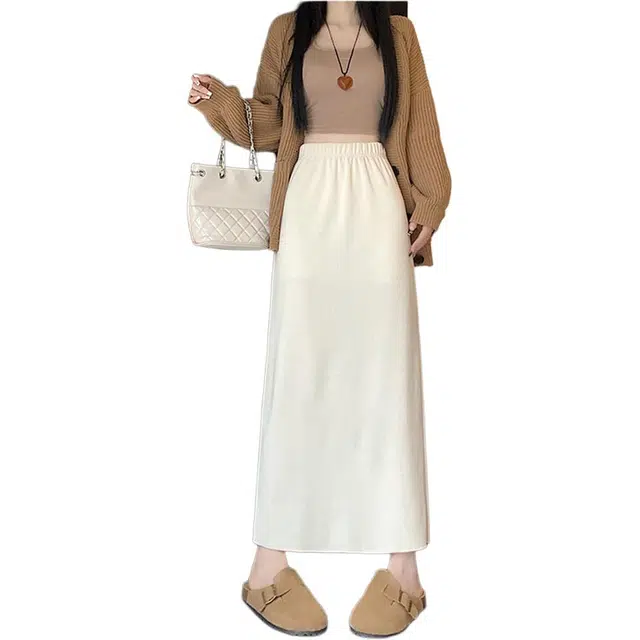 思蓓儿 半身裙雪尼尔开叉气质直筒裙中长显瘦裙子包臀裙休闲长裙 女款