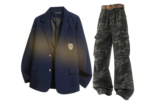 梓润格 秋季美式学院风小西服休闲外套秋冬双拉链迷彩牛仔裤高街设计感打褶工装裤西装套装 男女同款