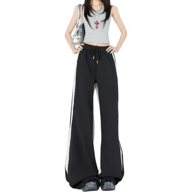 如续 美式运动风潮流小众设计感拼接撞色直筒长裤百搭宽松垂感拖地休闲裤 女款