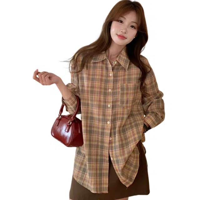 荟萃阁 清新撞色格纹翻领单排扣宽松长袖衬衫 女款