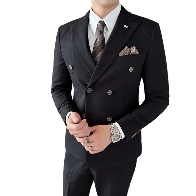 艾梵斯贝 高端轻奢条纹简约韩版轻熟双排扣高级感修身休闲商务正装婚服礼服气质高品质职场约会绅士三件套西装套装 男款