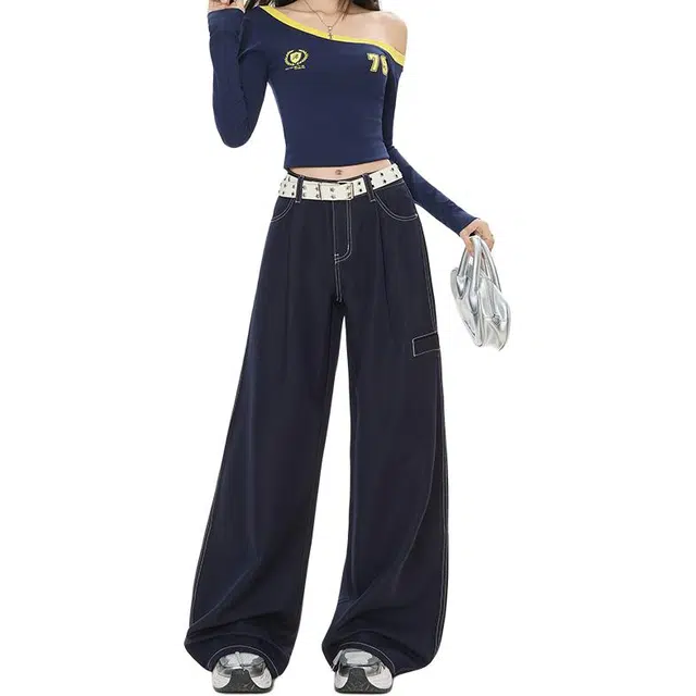 如续 秋季丹宁蓝女韩系简约设计感宽松通勤百搭阔腿长裤牛仔裤 女款