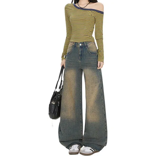 如续 秋冬舒适设计感水洗宽松美式复古阔腿休闲直筒裤牛仔裤 女款