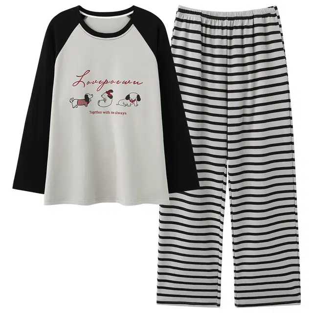 俏霓桐 简约条纹圆领纯棉亲肤可爱卡通休闲宽松长袖长裤家居服可外穿睡衣套装 男款