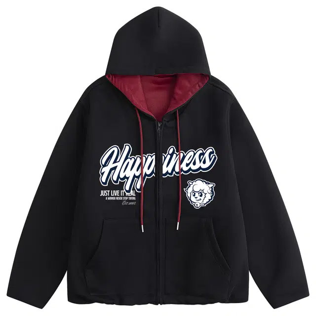 喜羊羊与灰太狼 重磅美式复古学院风喜羊羊卡通字母印花设计感撞色日常通勤落肩袖休闲宽松百搭连帽外套开衫卫衣 男女同款