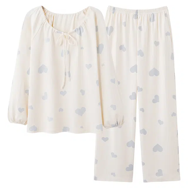 俏霓桐 甜美爱心圆领纯棉亲肤可爱简约舒适休闲长袖长裤家居服可外穿睡衣套装 女款