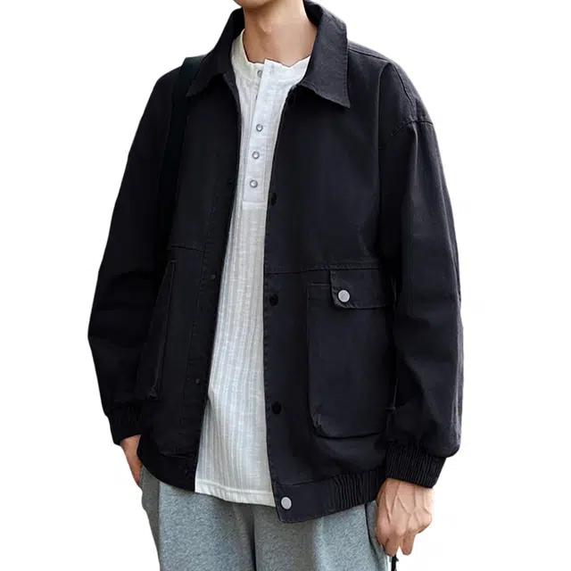 顶峰保罗 美式复古纯棉翻领重磅工装上衣外套无性别主义休闲潮牌宽松加肥加宽衬衣简约百搭纯色显高显瘦长袖夹克 男女同款