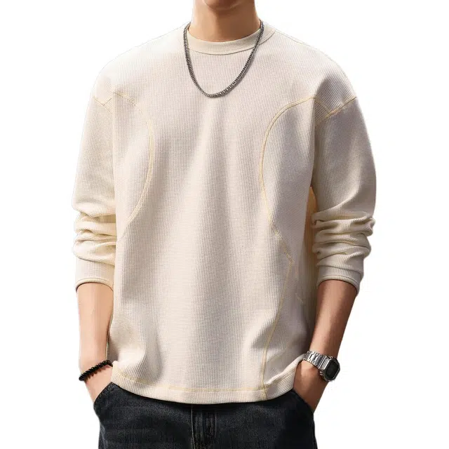 贵色 日系纯色简约风辑明线工艺华夫格休闲立体几何创意设计日常出行穿搭圆领卫衣 男女同款