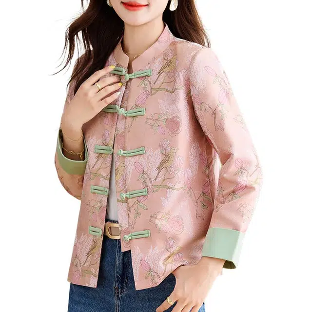缪斯的诱惑 新中式国风上衣东方古韵复古盘扣装饰提花刺绣植物花卉优雅气质拼接休闲时尚洋气减龄百搭长袖开衫夹克立领单排扣截短外套 女款