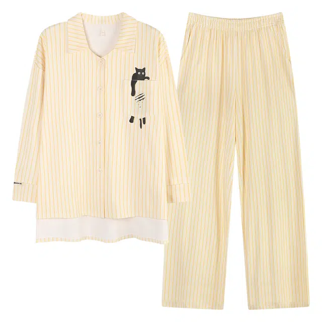 俏薇妮 春秋季长袖纯棉开衫条纹翻领小猫舒适家居服睡衣套装 女款