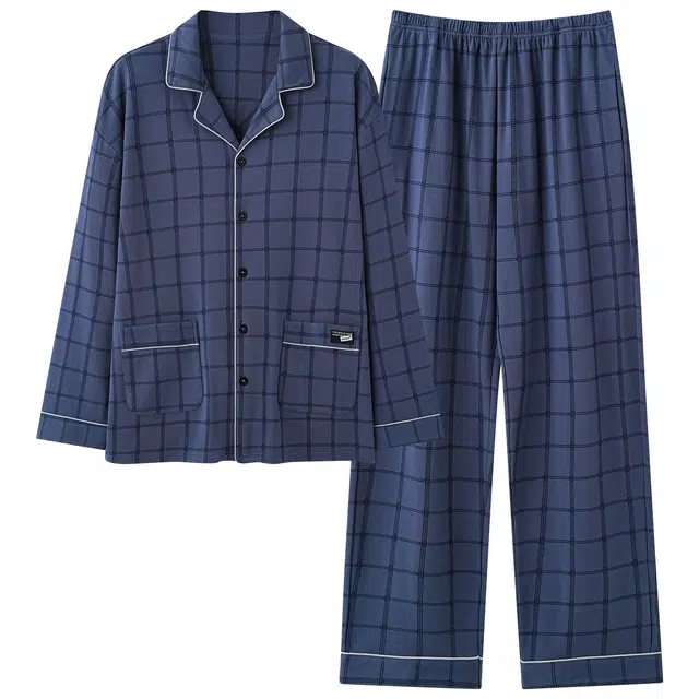 俏霓桐 时尚简约格子纯棉亲肤翻领休闲舒适百搭长袖长裤家居服可外穿睡衣套装 男款