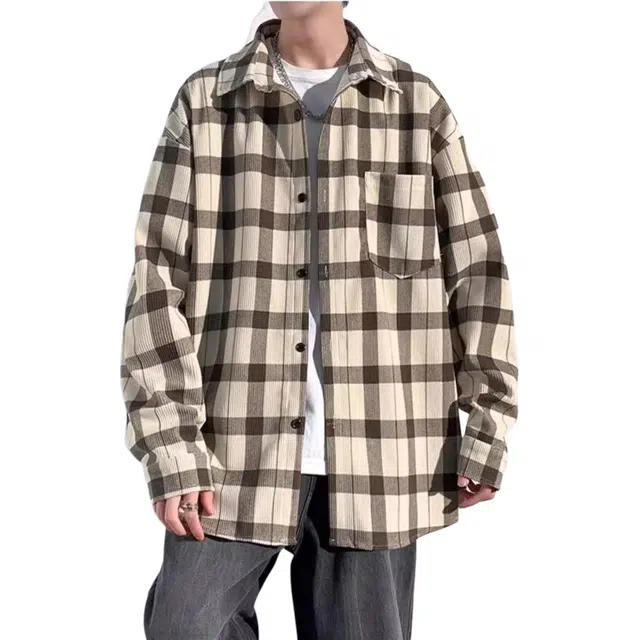 大格子与黑猫 秋季日系复古灯芯绒格子男工装长袖潮牌宽松衬衣休闲外套潮衬衫 男款