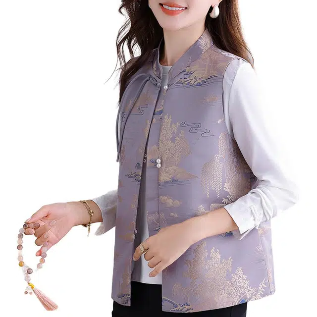 缪斯的诱惑 东方韵味复古民族风盘扣提花刺绣汉服古典开衫上衣气质百搭背心马夹简约时尚潮流叠穿洋气减龄休闲外套新中式国风立领马甲 女款