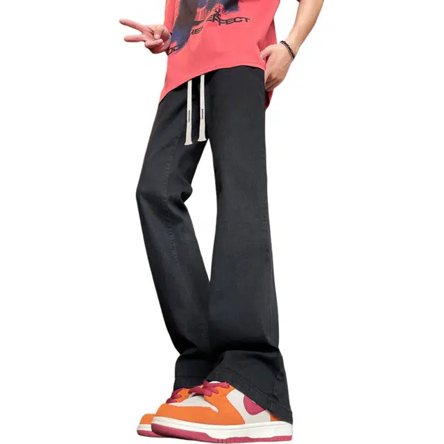 【微喇黑牛显高显瘦】布客行 美式复古修身水洗抽绳直筒弹力松紧腰基础款高街舒适亲肤透气休闲百搭纯色弯刀显腿长裤牛仔裤 男女同款