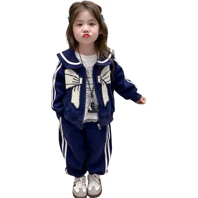 帕兰朵休闲运动套装 潮流时尚百搭宽松洋气女孩海军领蝴蝶结两件套 中小童