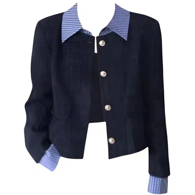 木清清 小香风外套百搭藏青色假两件纯色直筒型小香风夹克 女款