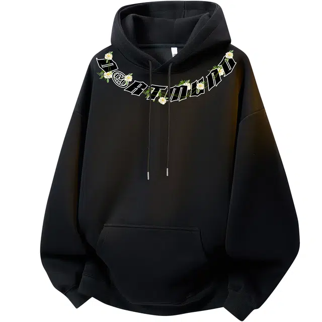 普鲁士多特蒙德 美式复古高街潮流时尚花卉项链图案设计字母印花宽松休闲舒适百搭通勤运动无性别主义落肩长袖连帽卫衣 男女同款