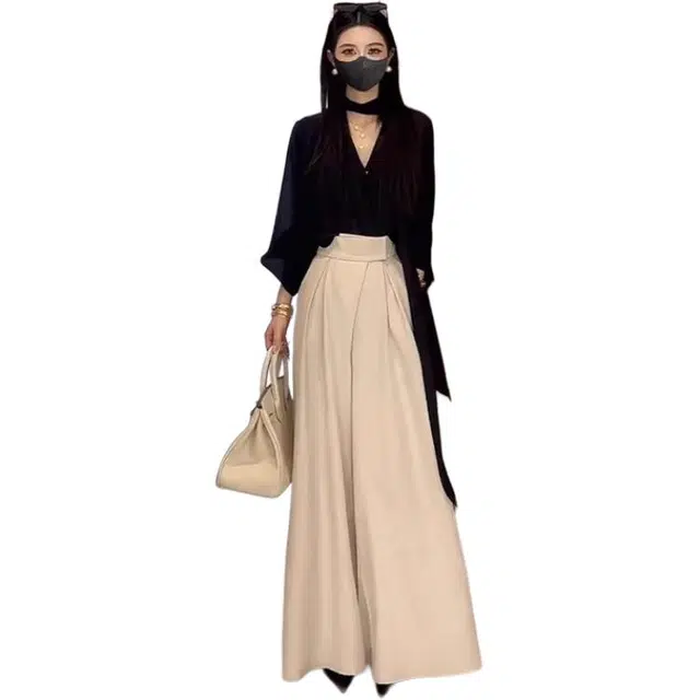 沐晓欣 时尚时装系百搭长袖丝滑衬衫大阔腿裤气质春季休闲套装 女款