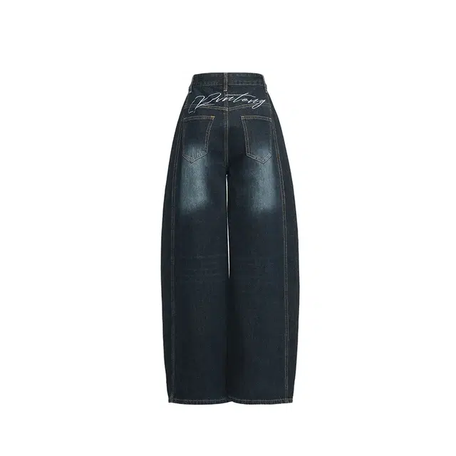 玫丝朵 美式复古刺绣弯刀直筒高腰阔腿宽松牛仔裤 女款