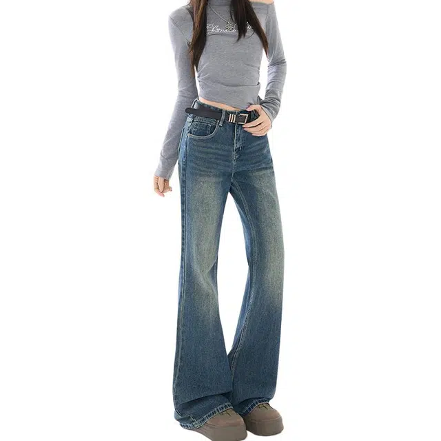 如续 秋冬慵懒休闲高腰阔腿裤女喇叭裤高街复古拖地裤牛仔裤 女款