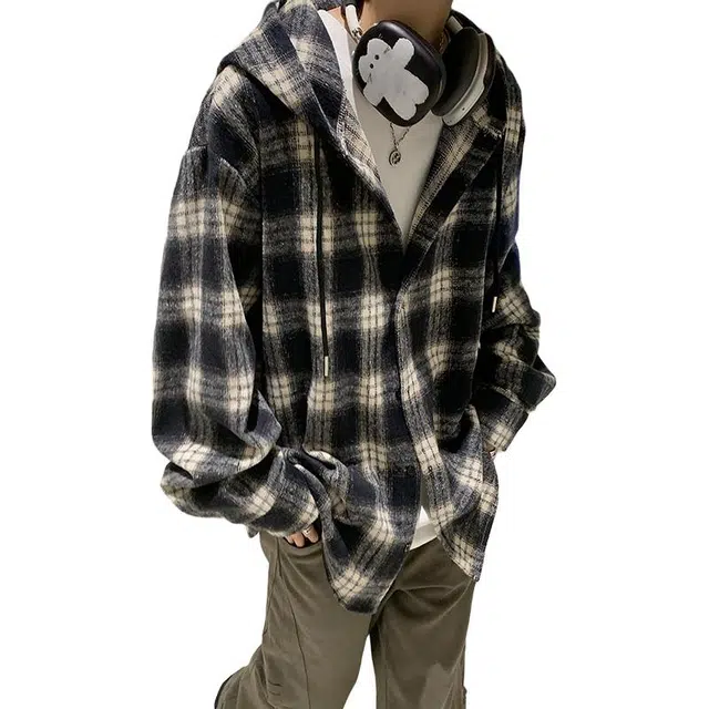 顶峰保罗 美式复古拼接条纹格子高级感宽松休闲加绒加厚开衫衬衣外套情侣款春秋穿搭通勤潮流百搭连帽夹克 男女同款