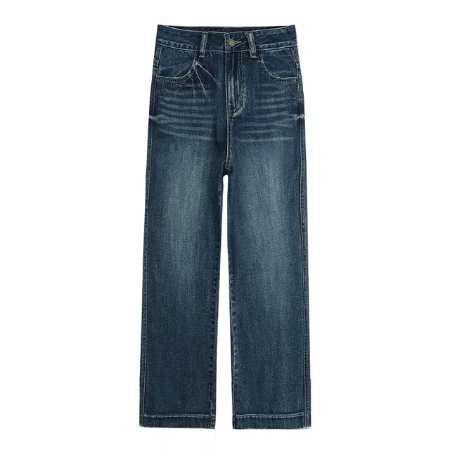 拾籍 简约时尚窄版抓痕假口袋设计直筒裤女秋季高腰显瘦百搭九分牛仔裤 女款