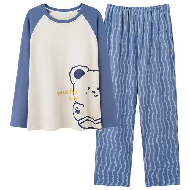 俏霓桐 可爱卡通圆领纯棉亲肤简约休闲百搭条纹长袖长裤家居服可外穿睡衣套装 男款