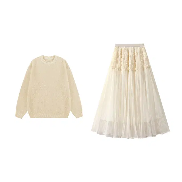 敲模女孩 学院风软糯圆领针织衫上衣高腰网纱气质超仙半身裙两件套裙装套装 女款
