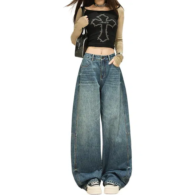 如续 阔腿秋无弹直筒高腰拖地裤口袋刺绣弯刀裤牛仔裤 女款