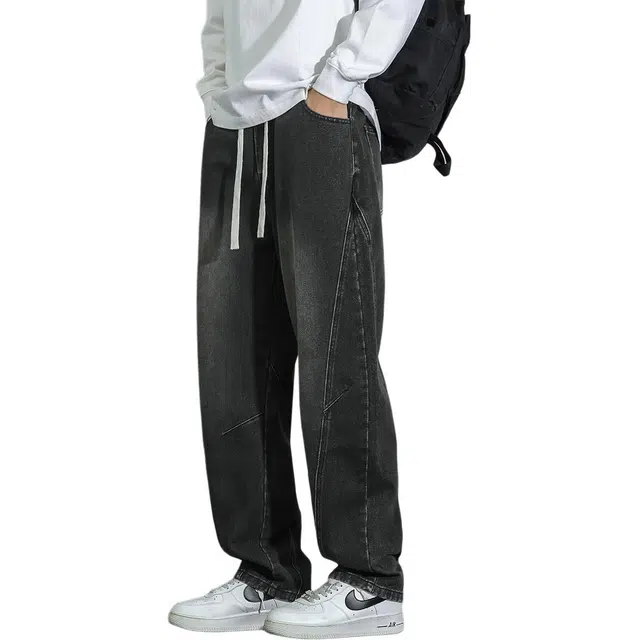 瑞梵帝斯 秋季美式高街拼接季时尚休闲裤潮流复古男士弯刀裤水洗做旧宽松直筒裤百搭阔腿裤青少年户外潮牌牛仔裤 男款