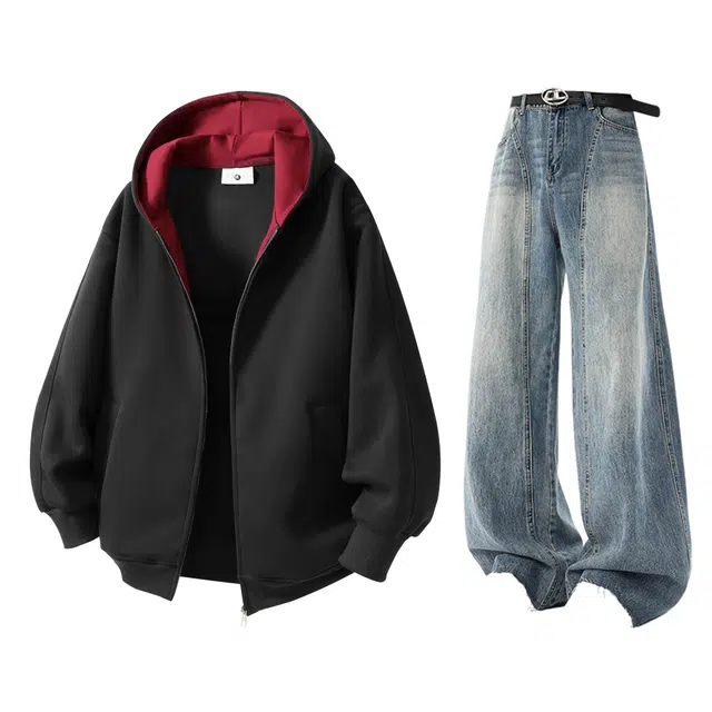 梓润格 美式秋季学院风开衫重磅简约高级氛围炸街时尚潮流慵懒风舒适老钱风宽松百搭复古帽衫情侣卫衣牛仔裤休闲运动套装 男女同款