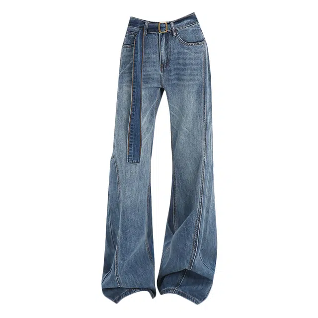 拾籍 【配腰带】复古设计高腰显腿长微喇裤女秋季美式显瘦百搭宽松拖地阔腿牛仔裤 女款