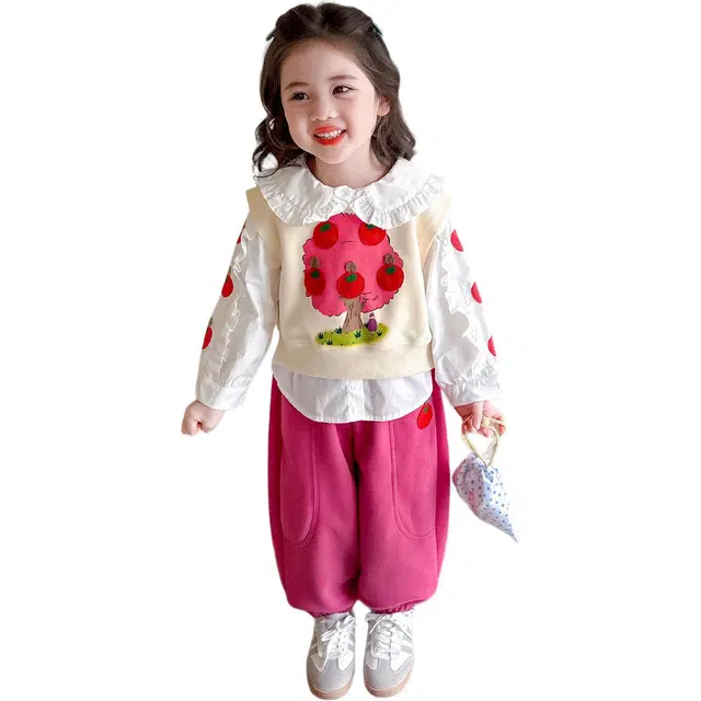 帕兰朵休闲运动套装 潮流时尚百搭宽松舒适洋气可爱风女孩苹果树贴片娃娃衫两件套 中小童