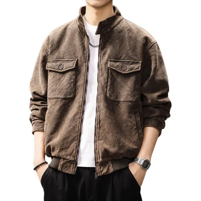 贵色 美式高端复古斑马纹高街风工装立领时尚都市痞帅洗褪蜡感皮夹克 男女同款