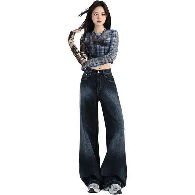 黛尔佳人 美式复古渐变阔腿女春秋高腰宽松垂感直筒拖地裤牛仔裤 女款