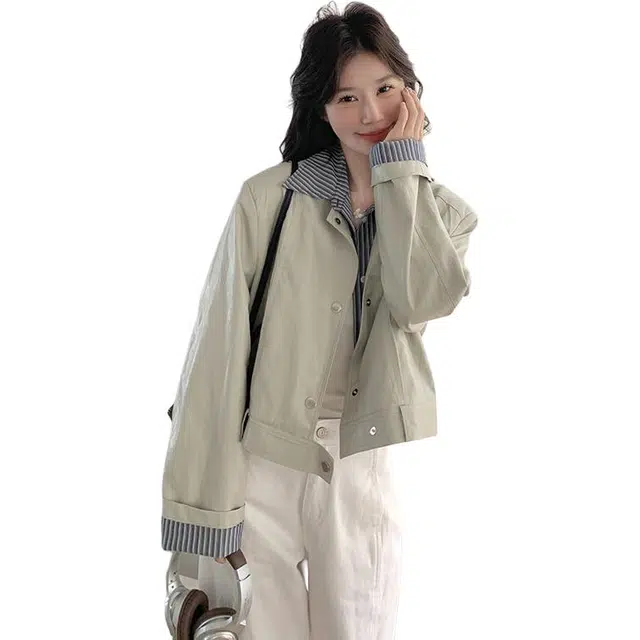 稻草人 时尚休闲条纹衬衫领拼接设计感夹克外套 女款